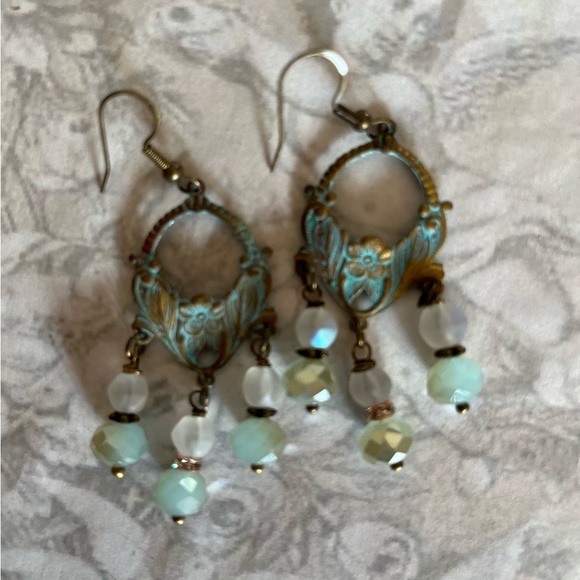 Art Nouveau Style Verdigris Earrings Czech Glass Drops - Picture 13 of 15